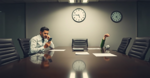 Empresário em terno escuro usando smartphone em lobby de escritório corporativo moderno de vidro, simbolizando comunicação empresarial eficiente e tecnologia móvel integrada.