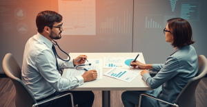 Dois profissionais de saúde em reunião médica analisando relatórios com gráficos de barras e pizza sobre mesa de consultório moderno otimização de dados clínicos e estatísticas.