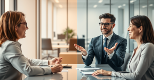 Profissionais de negócios sorridentes em reunião de trabalho em escritório moderno, discutindo estratégia e parceria corporativa durante entrevista ou negociação comercial.