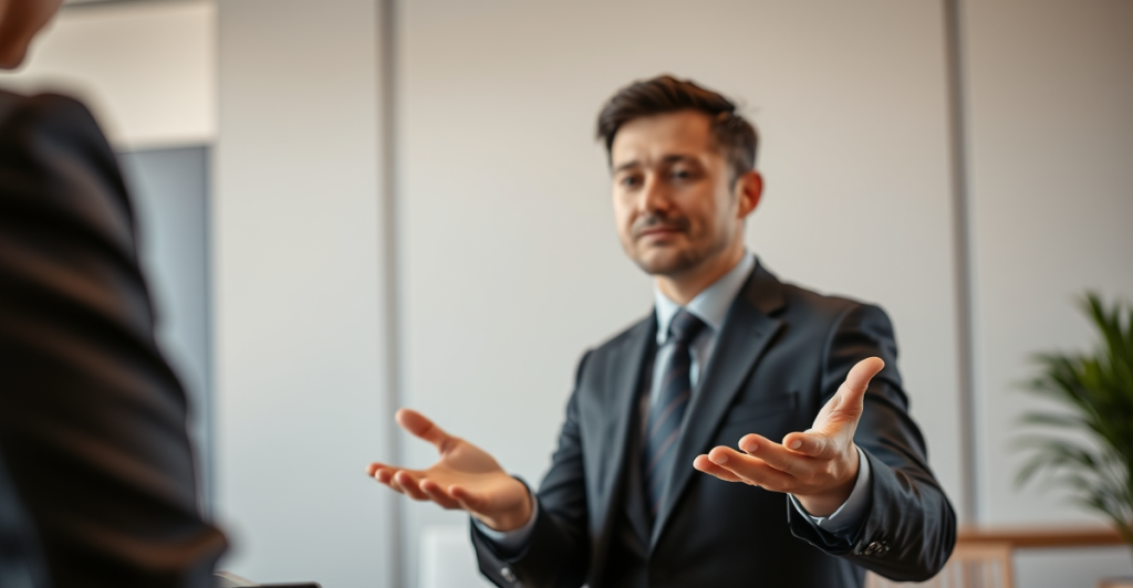 Gestor corporativo em terno escuro gesticulando com as mãos abertas durante uma reunião de negócios em escritório moderno, representando comunicação, negociação e liderança profissional.
