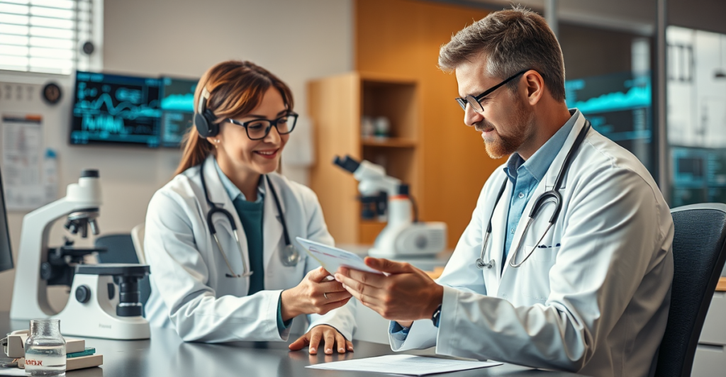 Médicos pesquisadores em laboratório moderno analisando exames em tablet, com microscópio e monitores ao fundo, simbolizando tecnologia na medicina, telemedicina e diagnóstico clínico avançado.